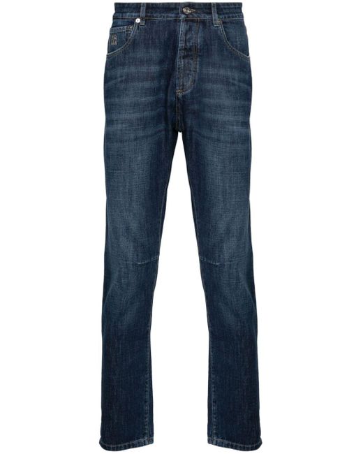 Brunello Cucinelli Blue Solomei-embroidered Tapered Jeans for men