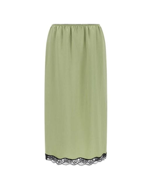 Twinset Green Midi Froissé Satin And Lace Skirt