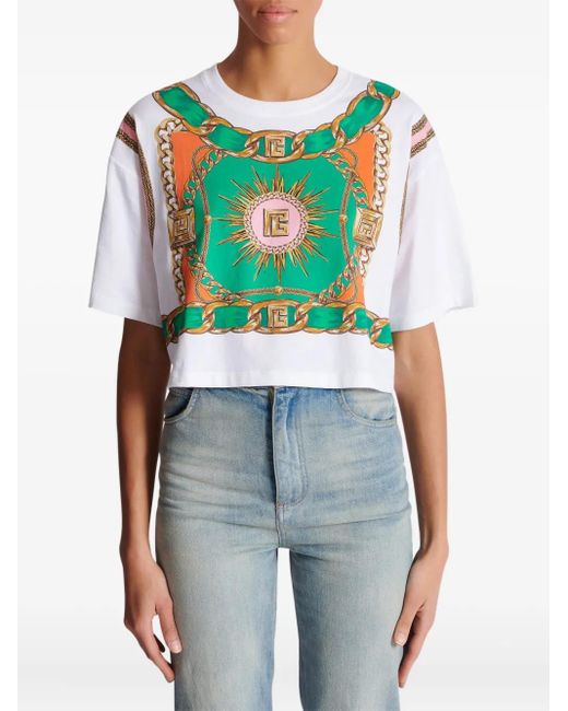 Balmain White Foulard-Print Cropped T-Shirt