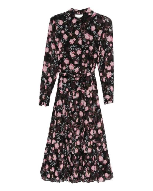 Nissa Black Floral-Print Pleated Dress