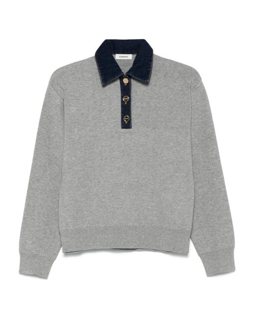 Sandro Gray Denim-Trim Polo Top
