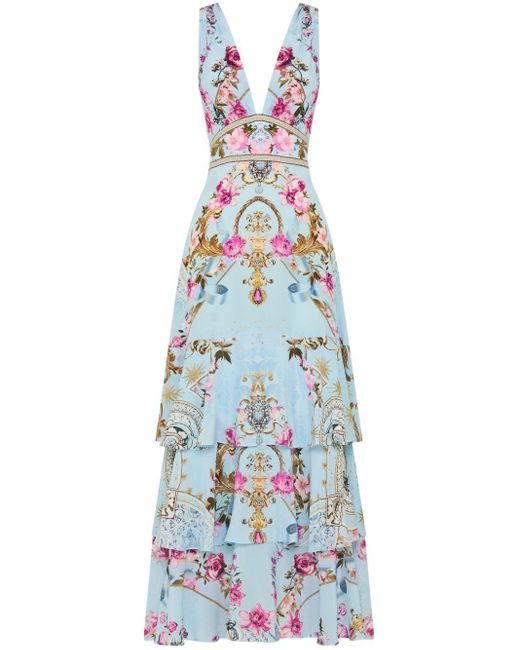 Camilla Blue Floral-print Silk Maxi Dress