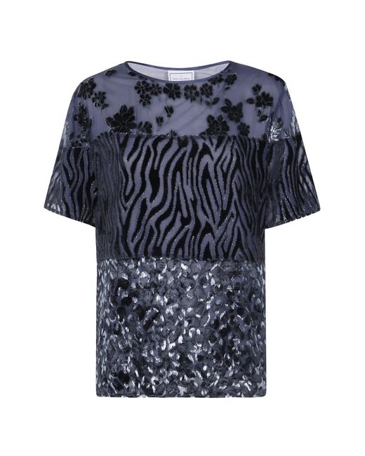 Pierre Louis Mascia Blue Patchwork-Pattern Devoré T-Shirt