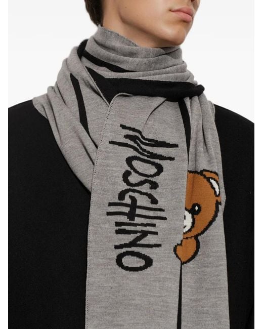 Moschino Gray Teddy Bear-Motif Scarf
