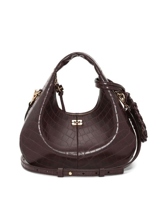 Ganni Brown Mini Croc-Embossed Leather Tote Bag