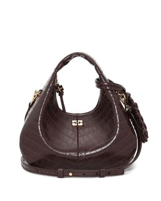 Ganni Brown Mini Croc-Embossed Leather Tote Bag