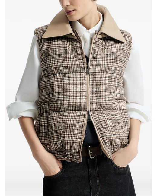 Brunello Cucinelli Brown Twill And Prince-Of-Wales Reversible Down Vest With Detachable-Leather-Collar And Monili