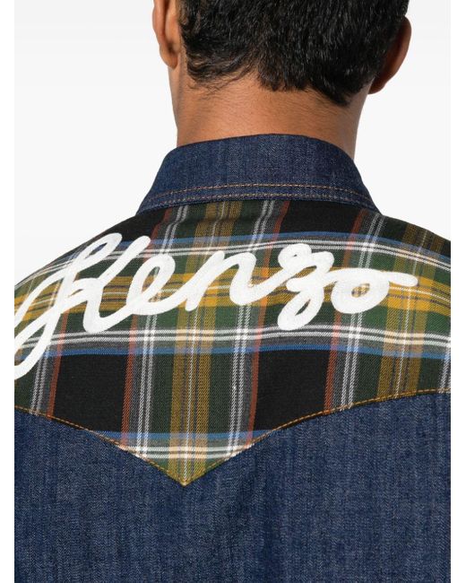KENZO Checked-panel Denim Shirt in het Blue voor heren