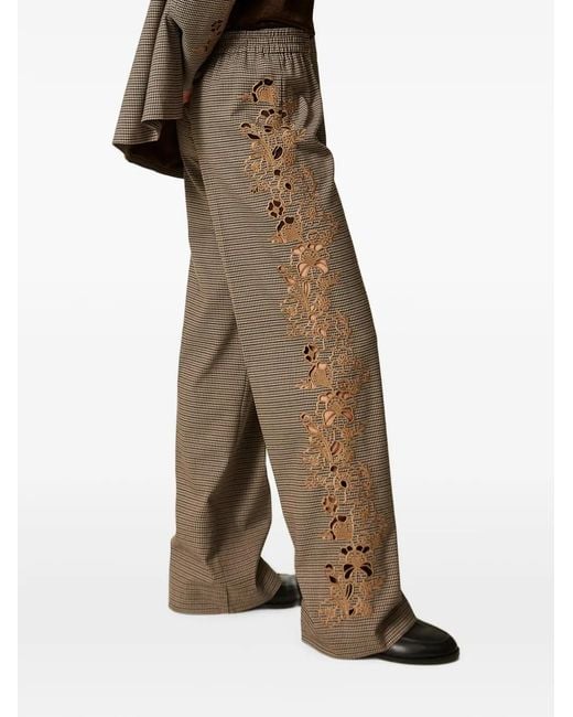 Twinset Brown Houndstooth Palazzo Trousers With Embroidery