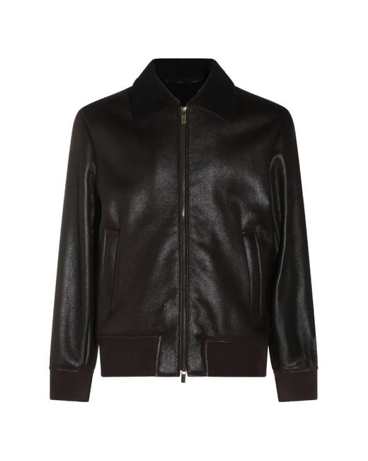 Salvatore Santoro Black Shearling-Collar Leather Jacket for men