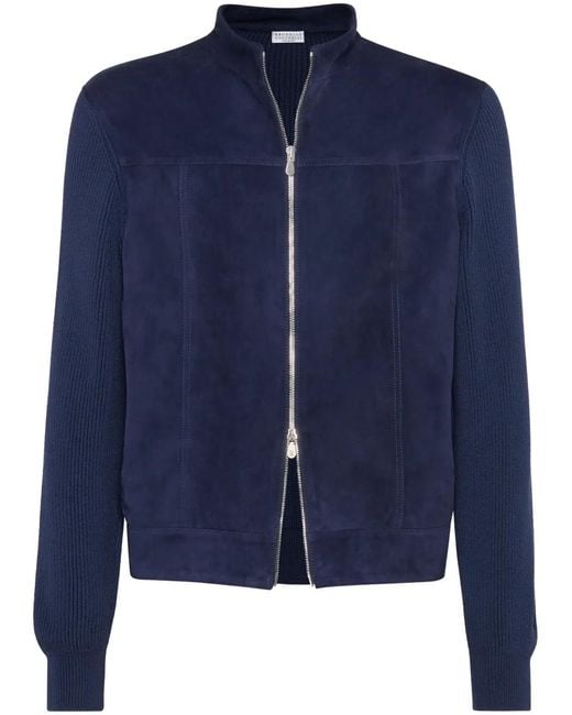 Brunello Cucinelli Blue Suede And Cotton Knit Bomber Jacket for men