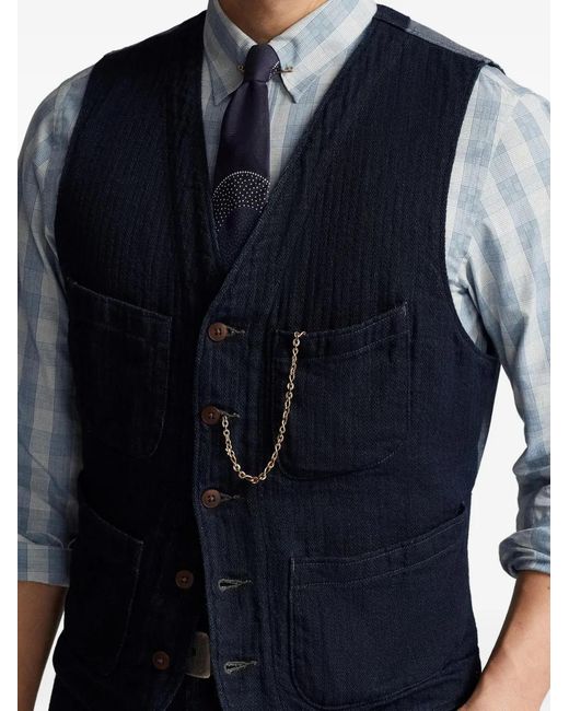 RRL Blue Denim-Panel Waistcoat for men
