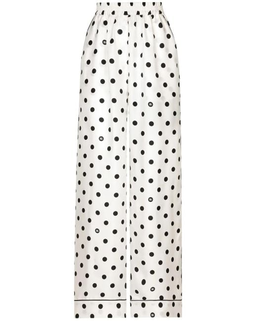 Dolce & Gabbana White Pyjama-Hose Aus Seide Mit Polka Dots