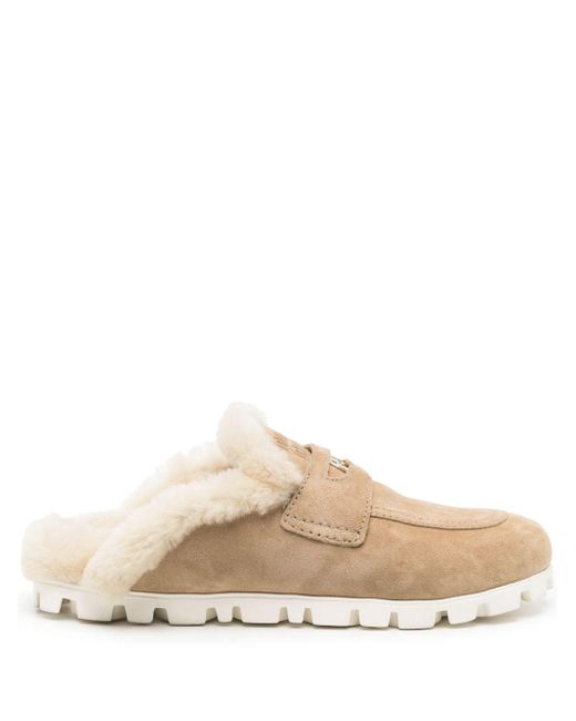 Miu Miu Shearling Suede Mules in Natural | Lyst