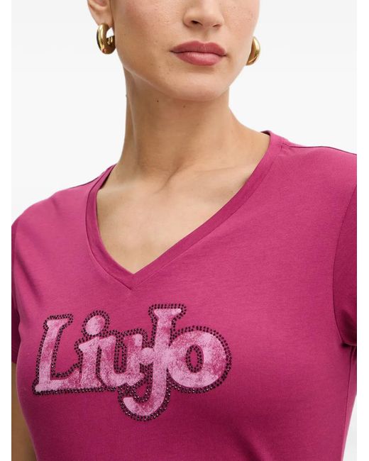 Liu Jo Pink Embellished V-Neck T-Shirt