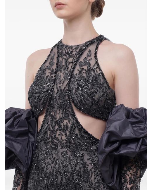Gatti Nolli by Marwan Gray Bead-Embellished Ruffled-Sleeve Gown
