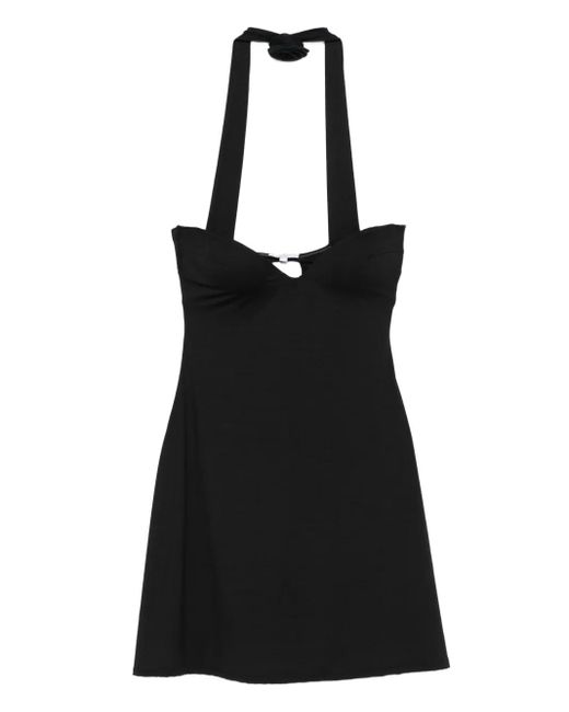 LaRevêche Black Halter-Neck Rose-Embellished Mini Dress