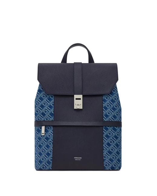 Ferragamo Blue Monogram-Jacquard Backpack for men