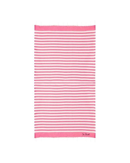 Mc2 Saint Barth Pink Cotton Beach Towel Fouta With Fuchsia Striped Print