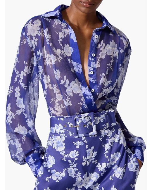 Carolina Herrera Blue Floral-Print Wide-Leg Trousers