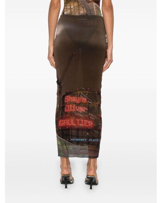 Jean Paul Gaultier Brown Mesh Printed Maxi Skirt