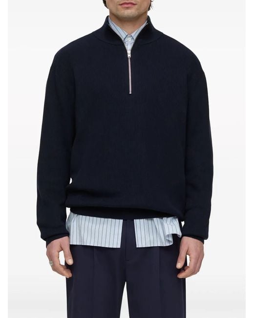Closed Blue Half-Zip Ribbed-Knit Jumper for men