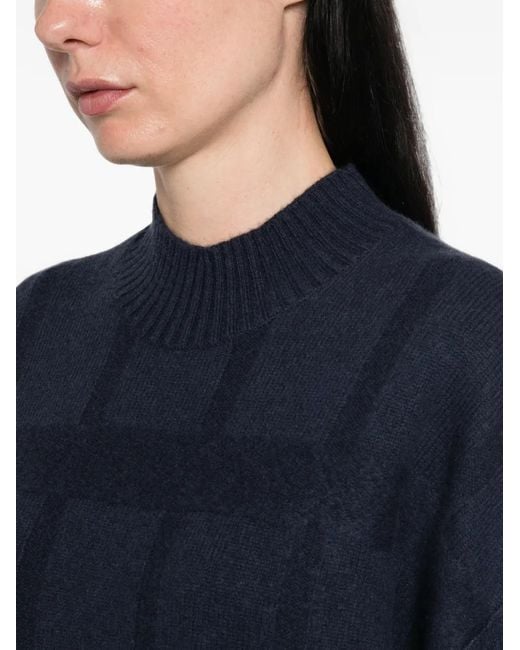 Emporio Armani Blue Check-Pattern Mock-Neck Sweater