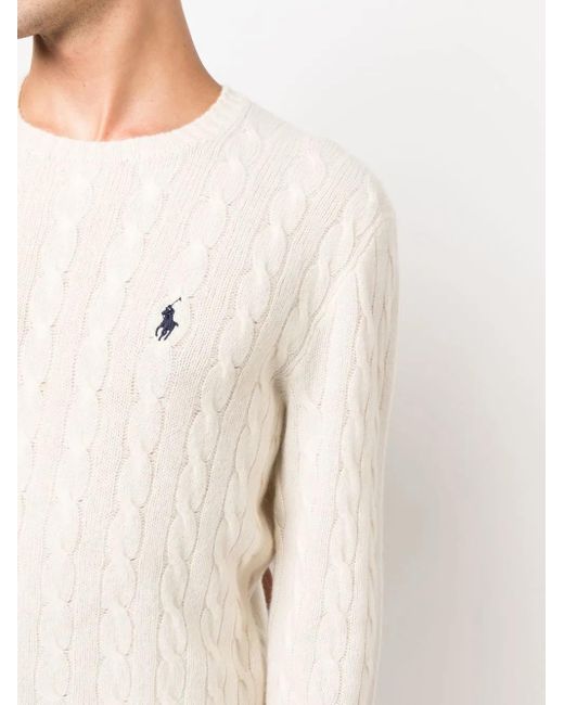 Polo Ralph Lauren White Textured Cable Knit Sweater With Round Neckline And Fitted Silhouette for men