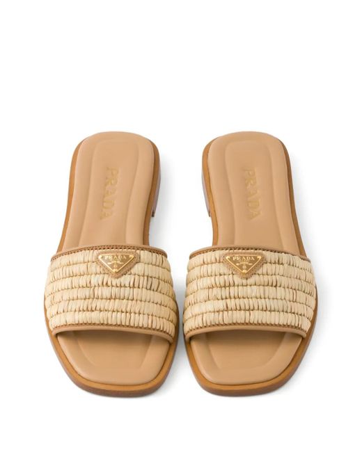 Prada Brown Leather Slides With Crochet Details
