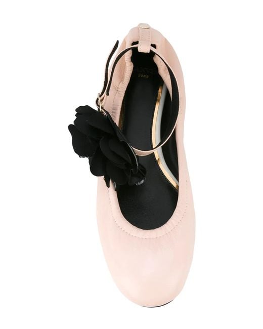 Lanvin Black Flower-Embellished Ankle-Strap Ballet Flats