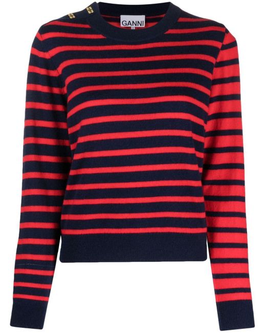 Ganni Red Stripe-jacquard Merino-cashmere Jumper