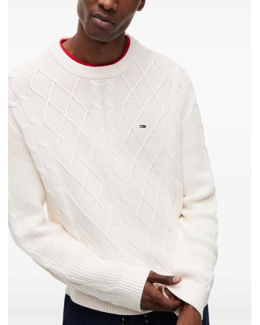Tommy Hilfiger White Cable-Knit Logo-Patch Sweater for men