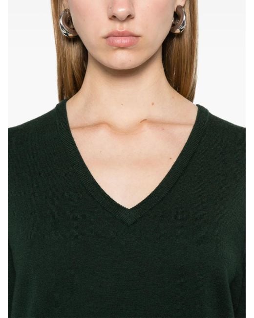 Max Mara Green V-Neck Ribbed Wool Knit Sweater