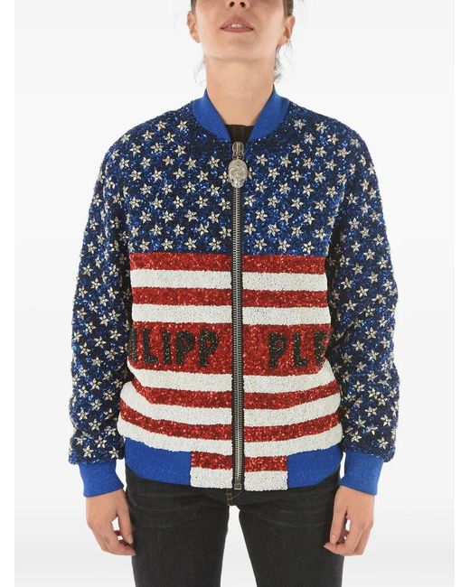 Philipp Plein Blue Sequin-Embellished Rhinestone-Star Bomber Jacket