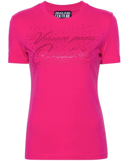 Versace Rhinestone-detailed Cotton-blend T-shirt in het Pink