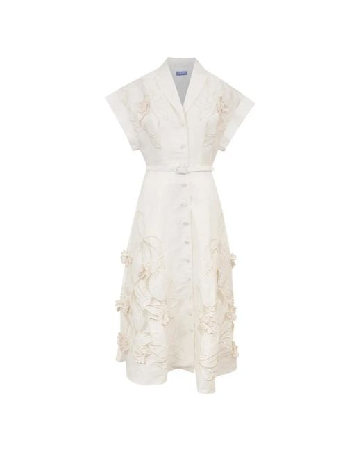 LEO LIN White Floral-Appliqué Belted Midi Dress