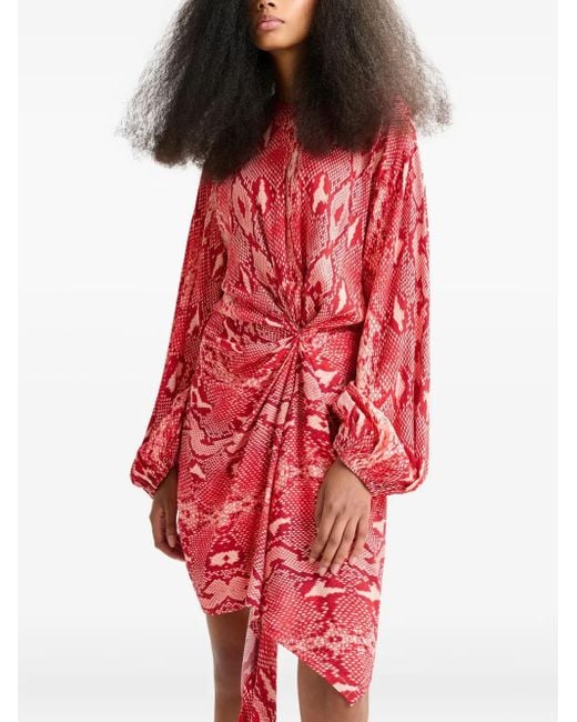 Essentiel Antwerp Red Snake-Print Draped Asymmetric Dress