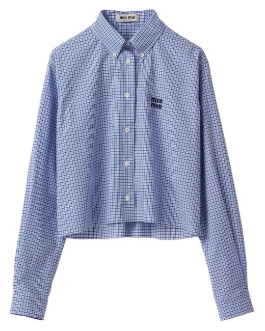 Miu Miu Blue Checked Cropped Cotton Shirt
