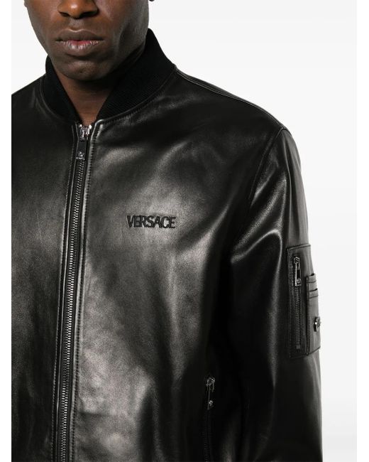 Versace Black Leather Bomber Jacket For Ss24 for men