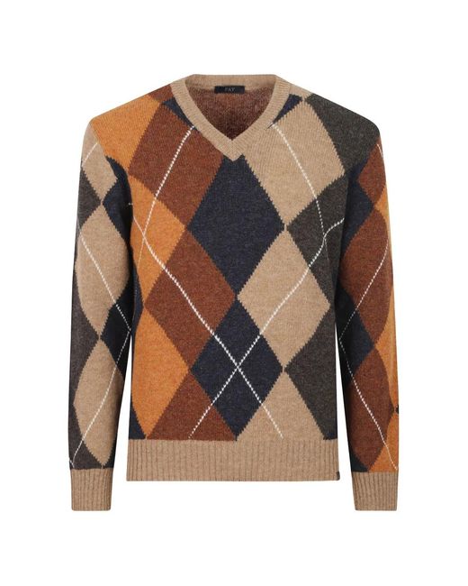 Fay Blue Argyle-Knit V-Neck Sweater for men