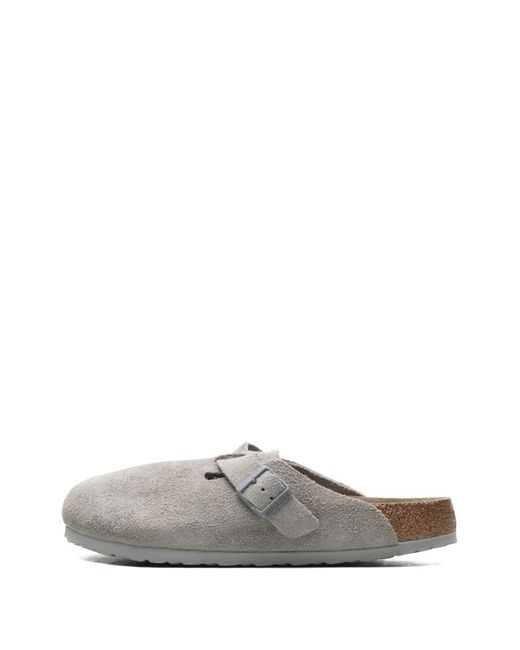 Birkenstock White Boston Soft Footbed Suede Slippers