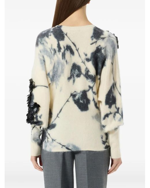 Blumarine White Floral-Print Sequin-Embellished Sweater