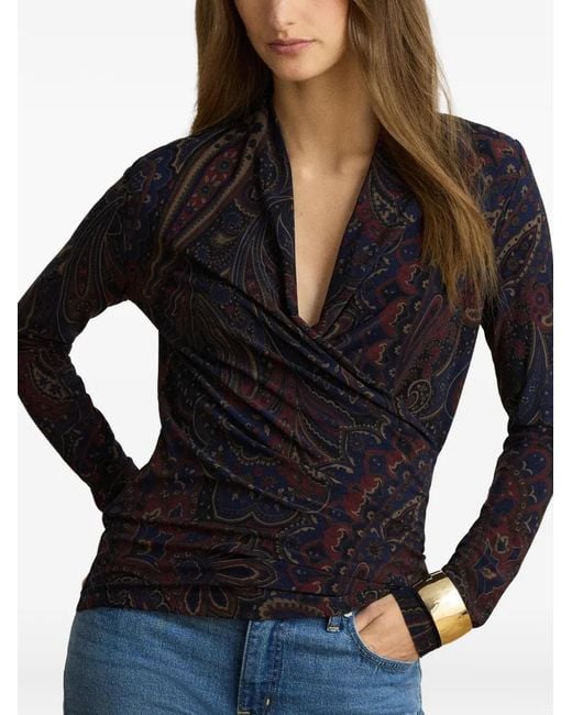 Ralph Lauren Blue Paisley-Print Wrap-Style Top