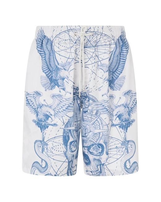 Philipp Plein Blue Eagle Skull-Print Shorts for men
