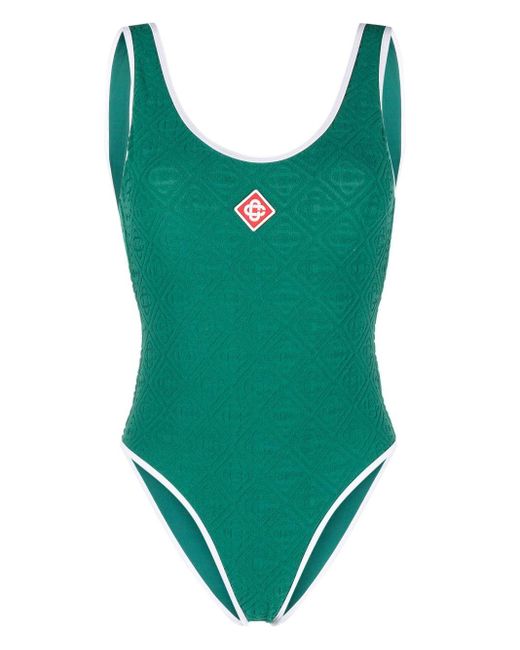 CASABLANCA Green Monogram-jacquard Open-back Swimsuit