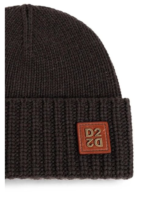 DSquared² Black D2 Logo-Patch Ribbed-Knit Beanie for men