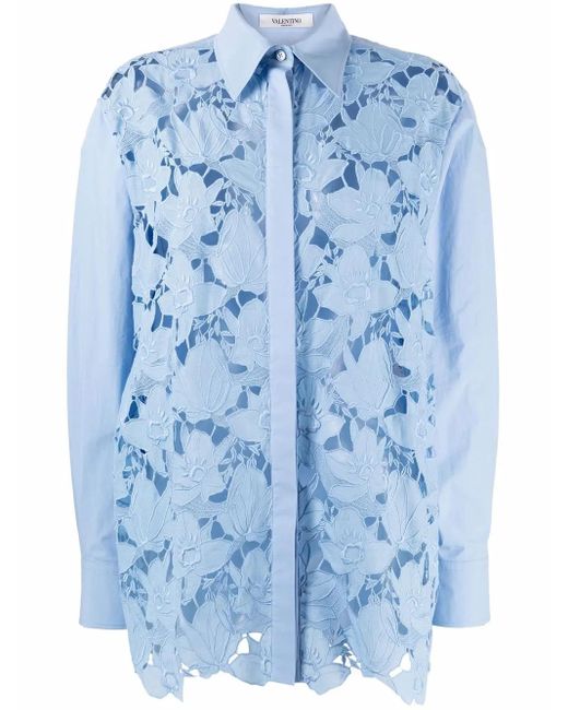Valentino Garavani Blue Long-Sleeve Lace Shirt