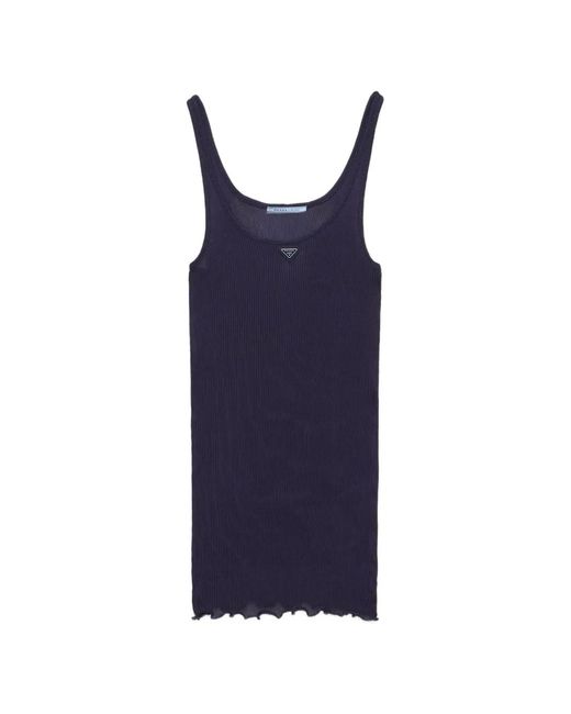Prada Blue Ribbed Knit Silk Tank Top