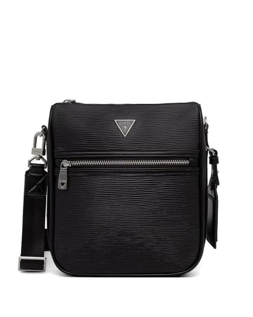 Guess Black Milano Logo-Plaque Textured Messenger Bag for men