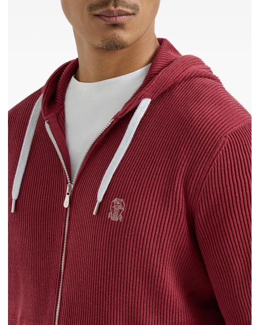 Brunello Cucinelli Red English-Rib Two-Way Zip Hoodie for men